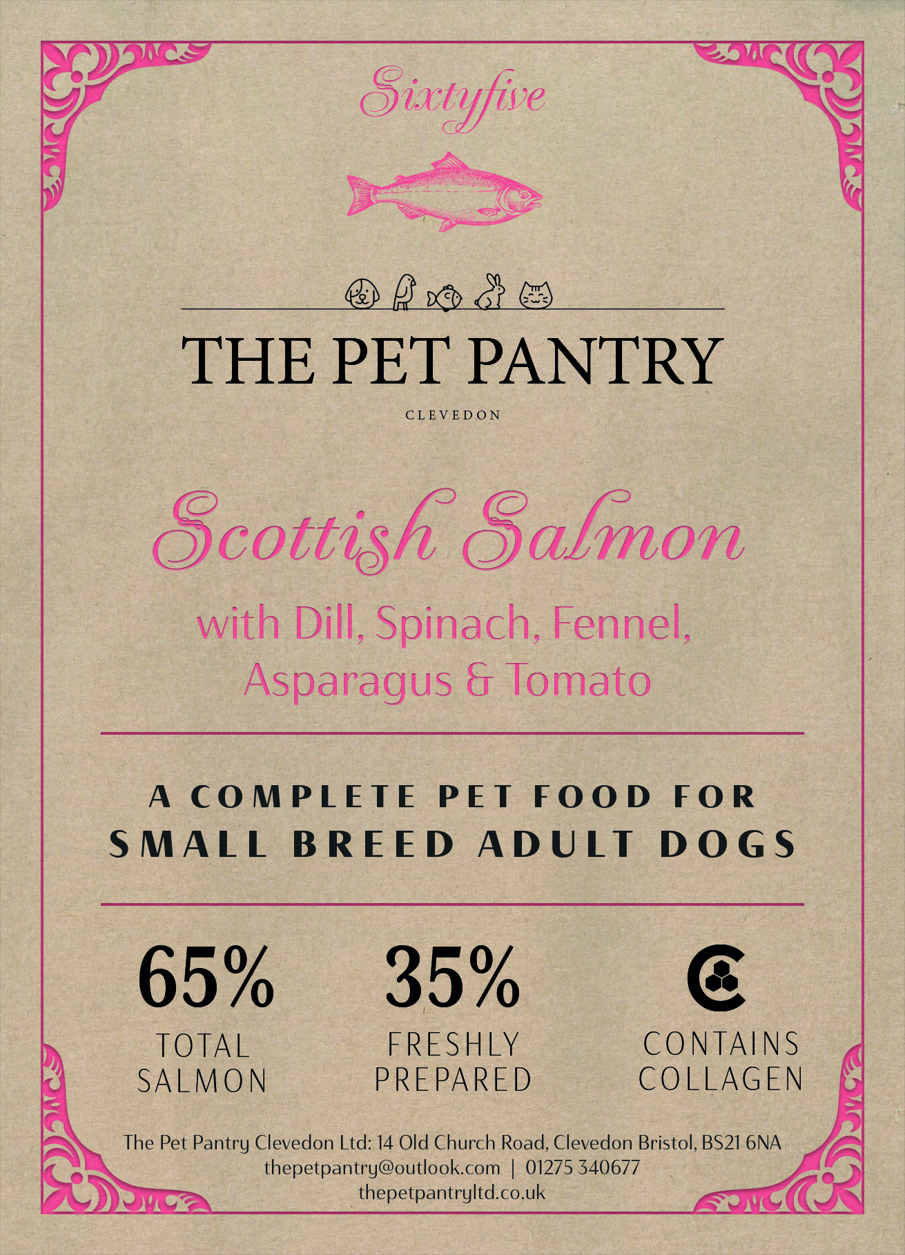 Sixty five Adult Dog Small Breed Scottish Salmon with Dill, Spinach, Fennel, Asparagus & Tomato 6kg