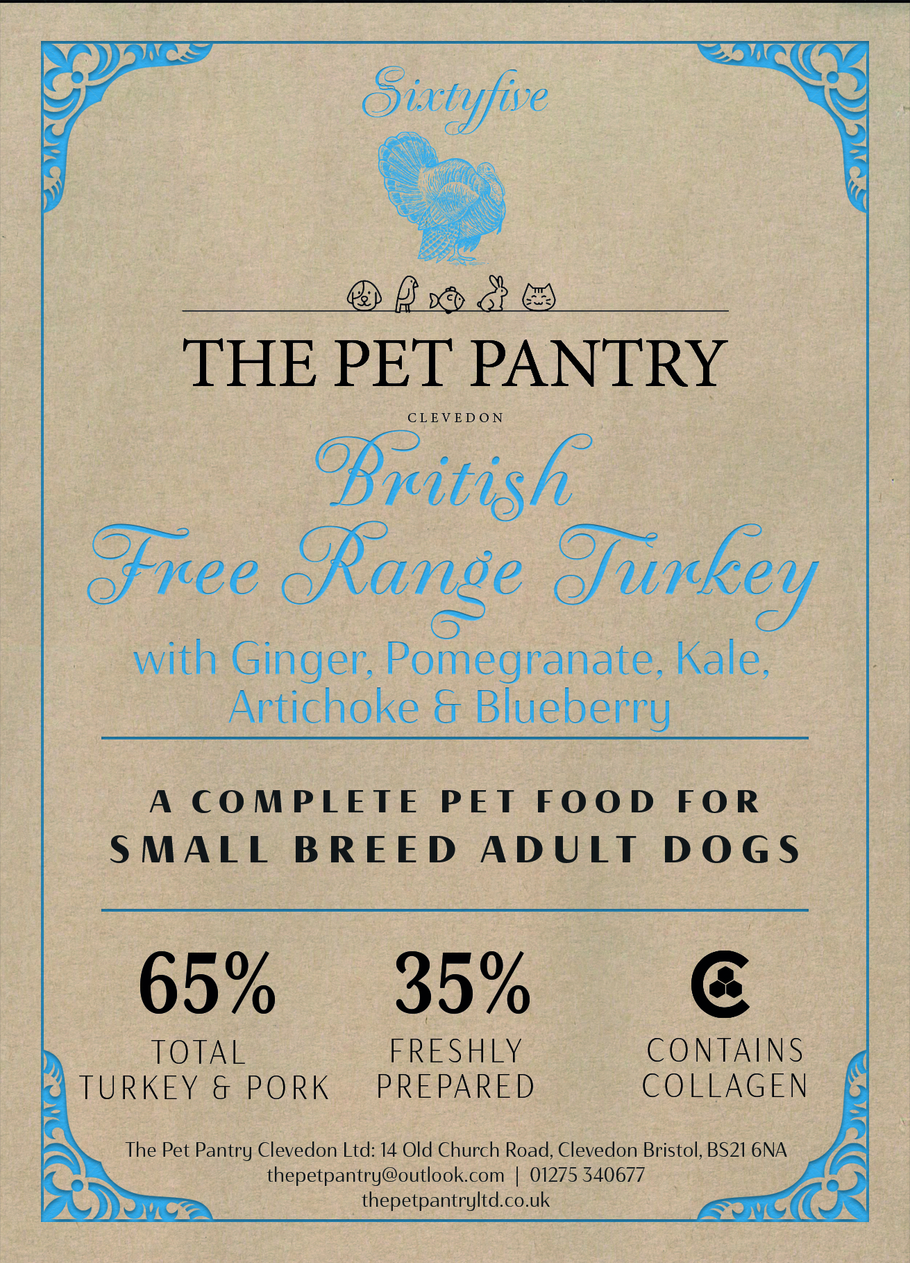 Sixty five Adult Dog Small Breed Free Range Turkey with Parsley, Papaya, Nettle, Zucchini & Pumpkin 12kg